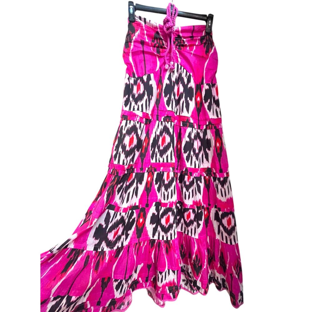 Ro's Garden Denise Halter Tie Gathered Tiered Maxi Dress | Sz XL Pink Black Ikat - Picture 9 of 16